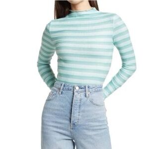 Cali Be Striped Ribbed Lettuce Mock Neck Long Sleeve Top Turquoise Size Medium
